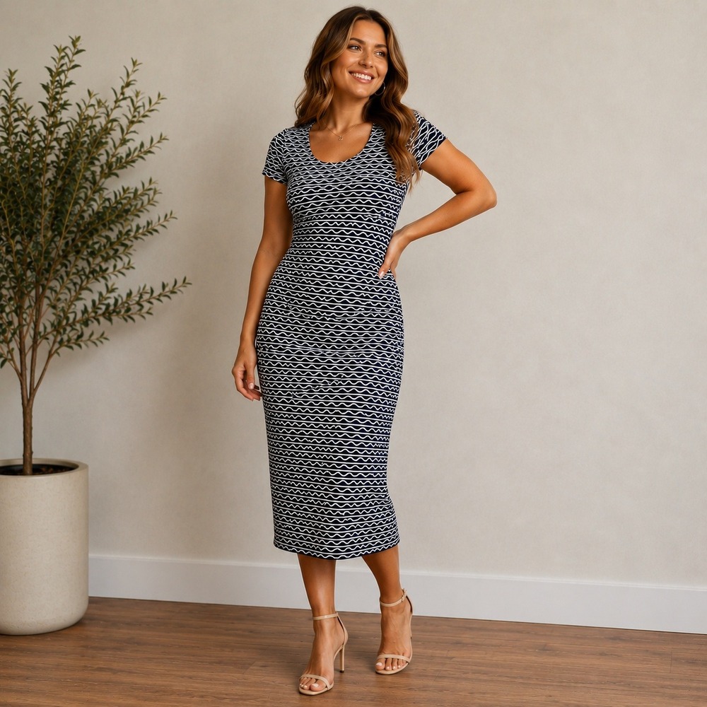 Sharagano Black and White Wavy Stripe Textured Sheath Midi Dress Size 14